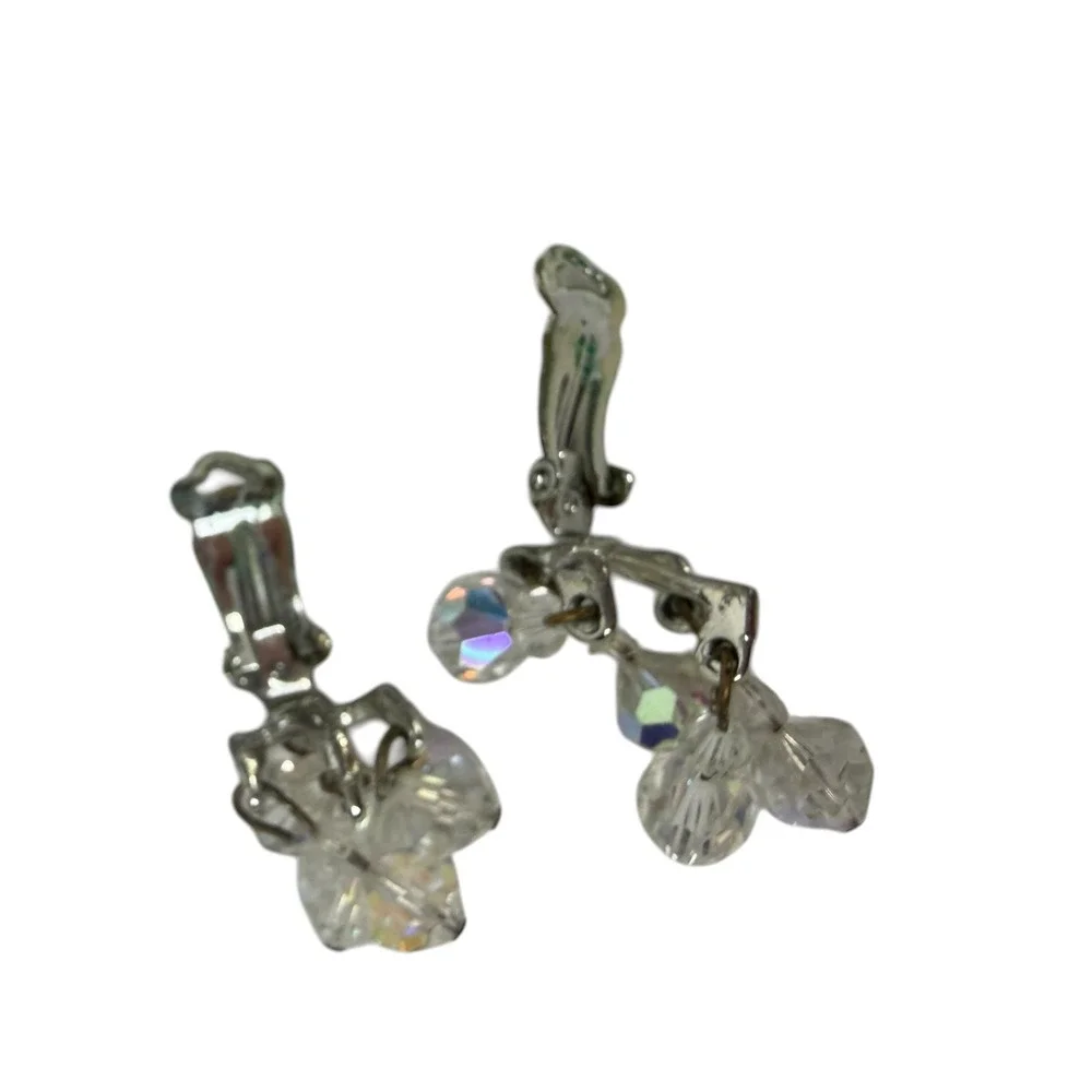 Vintage Aurora Borealis AB Crystal Chandelier Clip On Earrings Silver Tone Drop